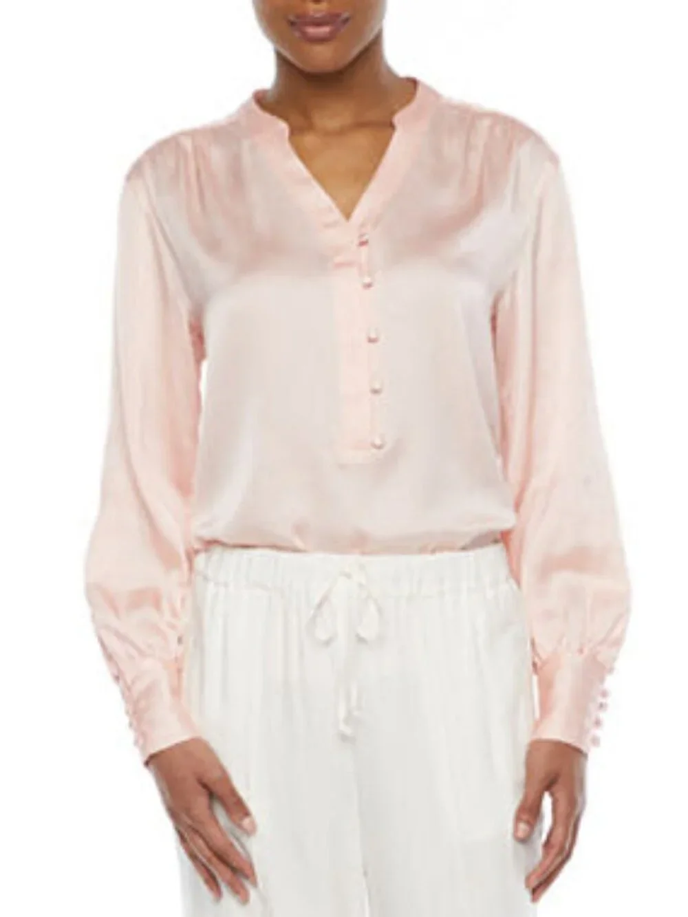 Women's Pink Button-Front Long Sleeve Blouse
